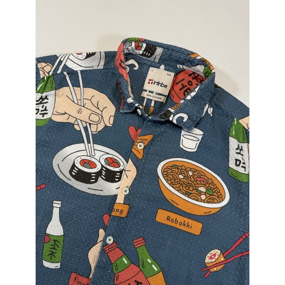 Intribe Soju Sushi Button Shirt Mens Large Blue Korean Food Camp Collar